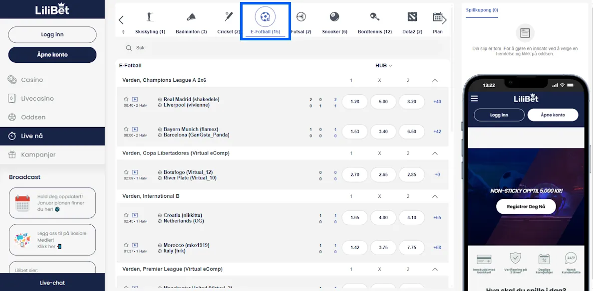 Lilibet Casino E-fotball-tipping Screenshot
